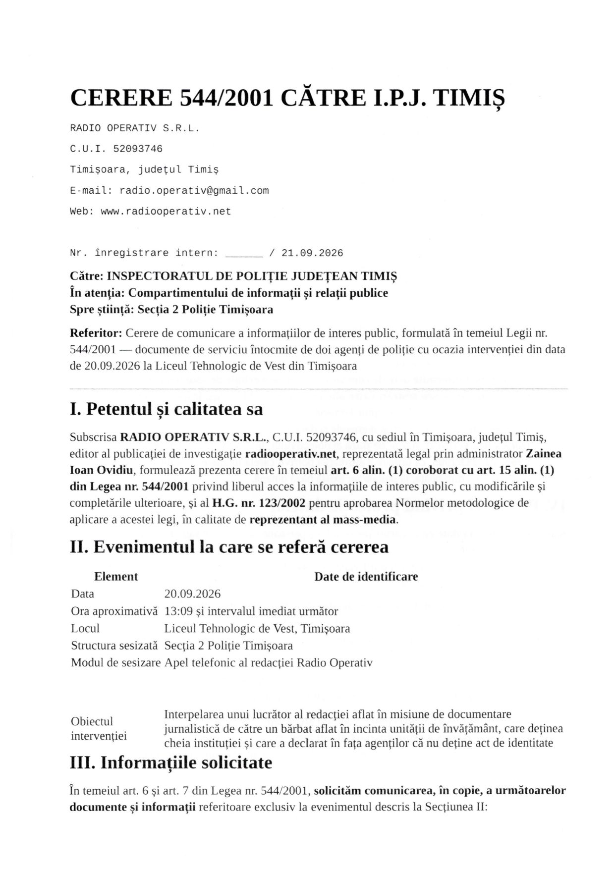 Cererea 544/2001 către IPJ Timiș, pagina 1