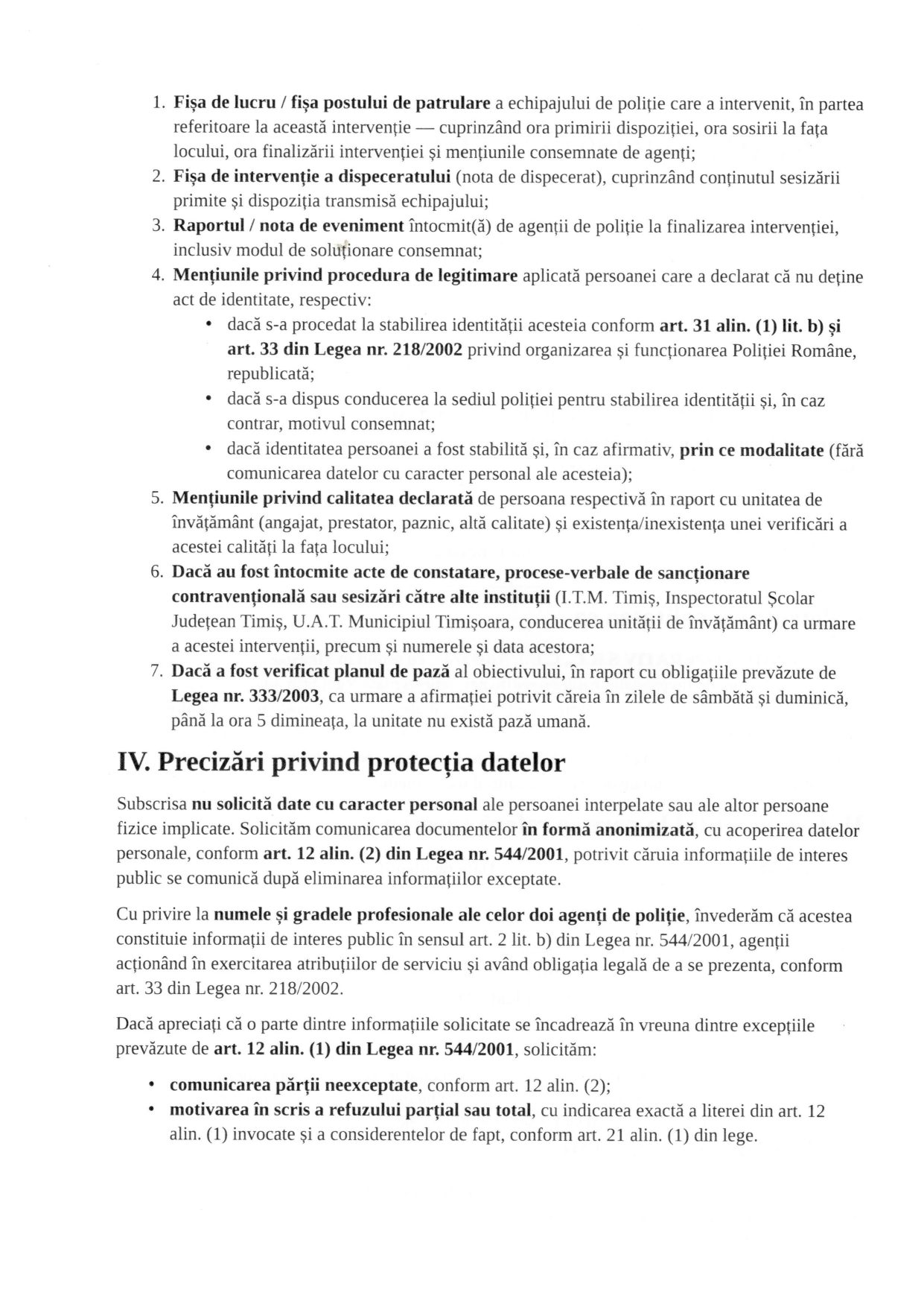Cererea 544/2001 către IPJ Timiș, pagina 2
