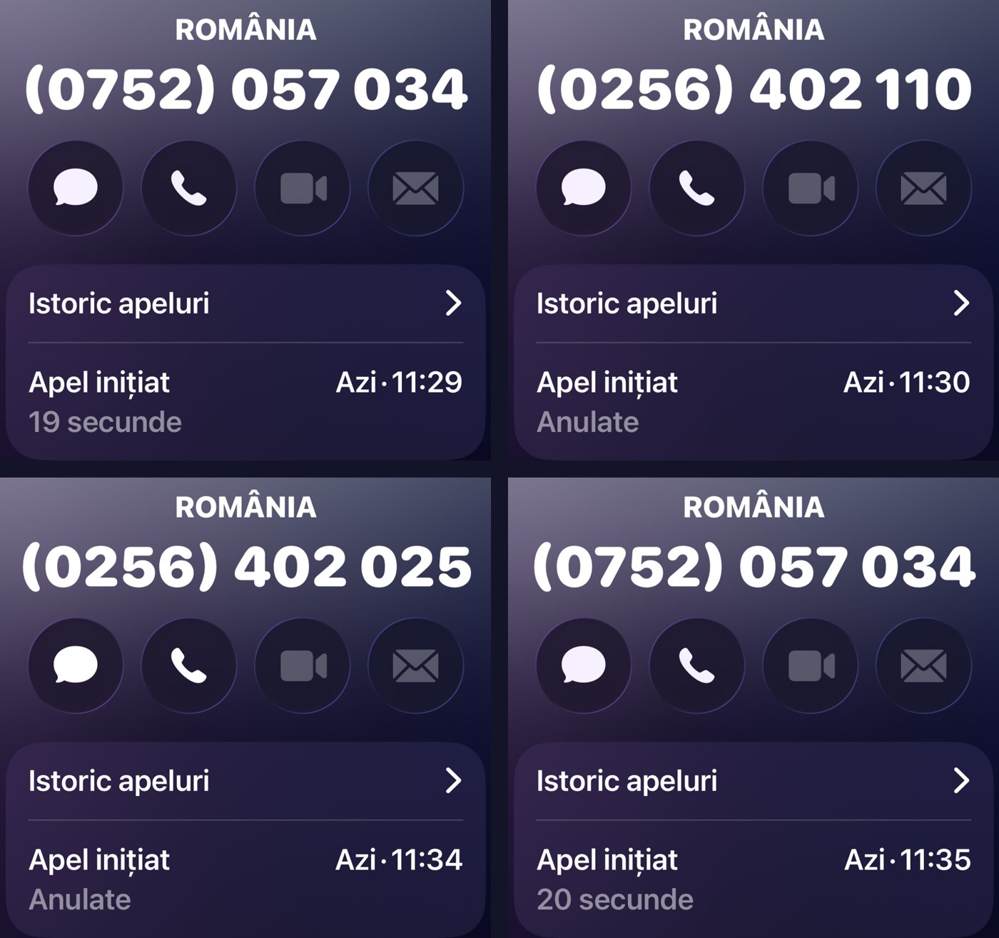Istoricul celor patru apeluri din 7 octombrie 2026, de la 11:29 la 11:35