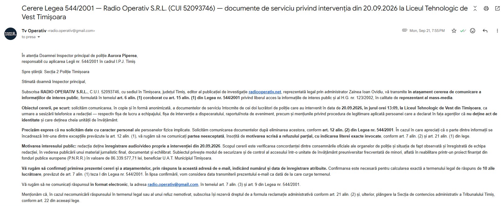 Captură a emailului trimis de Radio Operativ către biroul de presă al IPJ Timiș pe 21 septembrie 2026, la 19:55