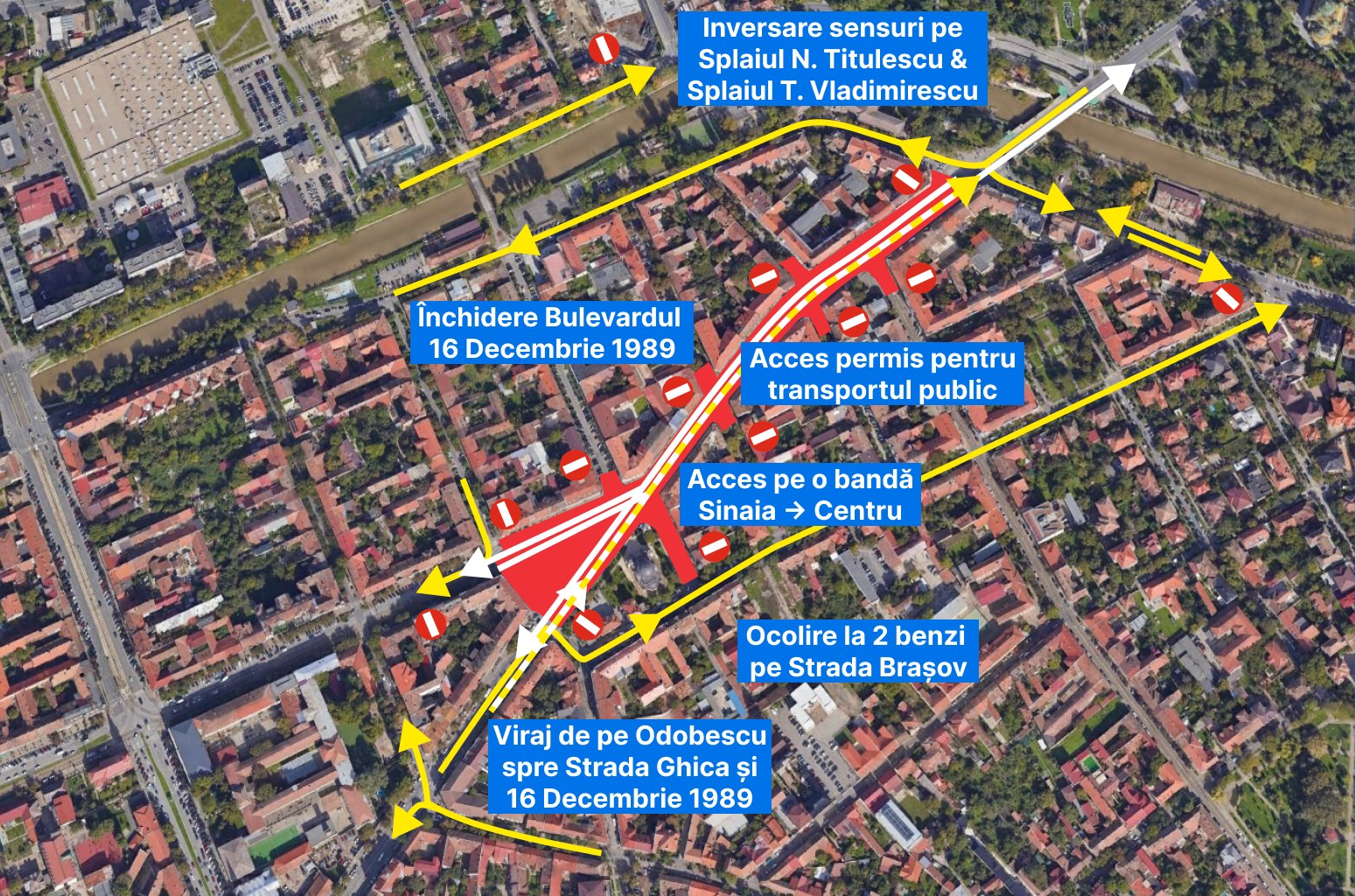Harta generala a restrictiilor de circulatie din zona Pietei Mocioni, cu inchiderea Bulevardului 16 Decembrie 1989 si rutele ocolitoare