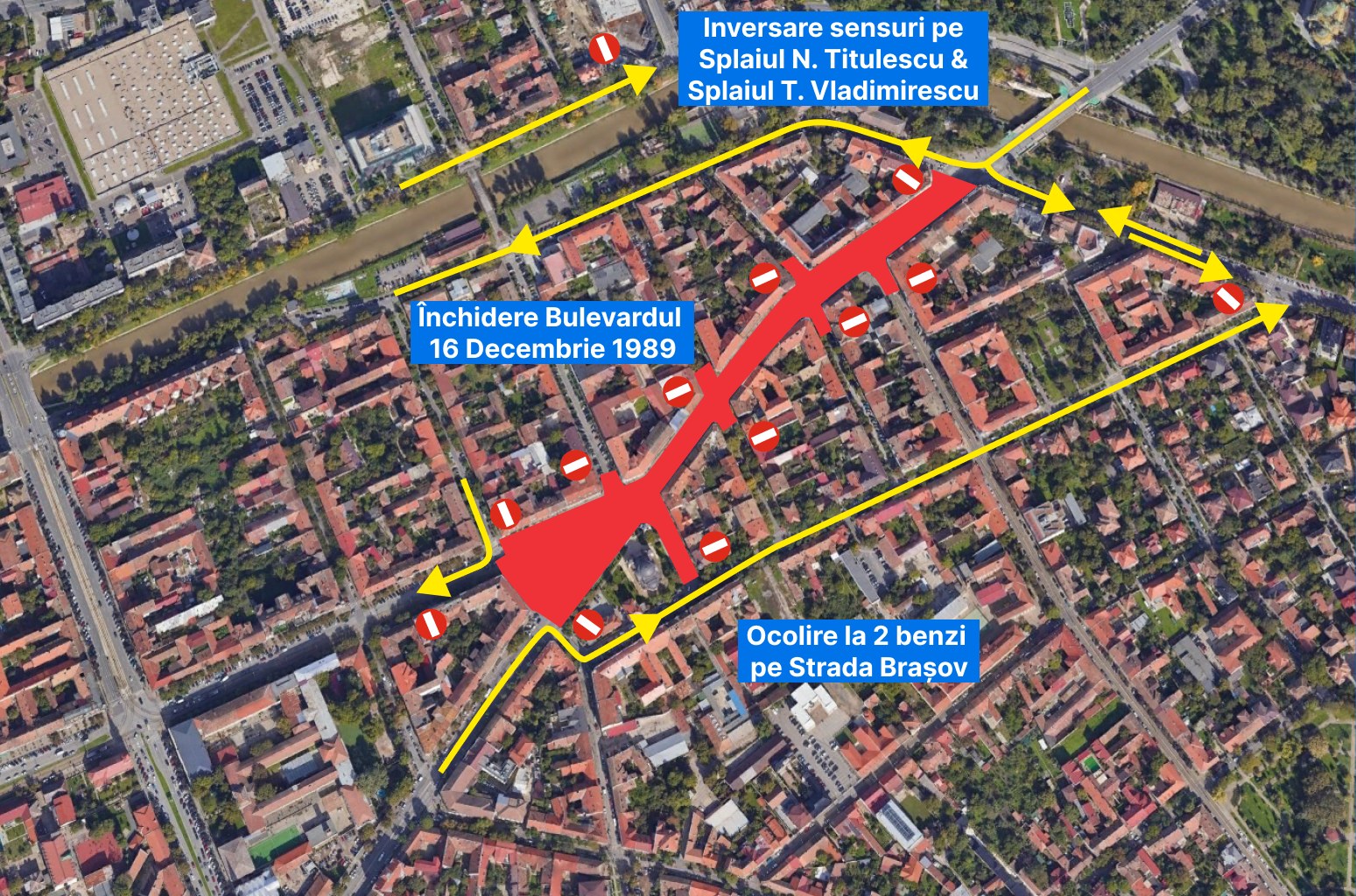 Harta inchiderii Bulevardului 16 Decembrie 1989, ocolirea pe strada Brasov si inversarea sensurilor pe Splaiuri