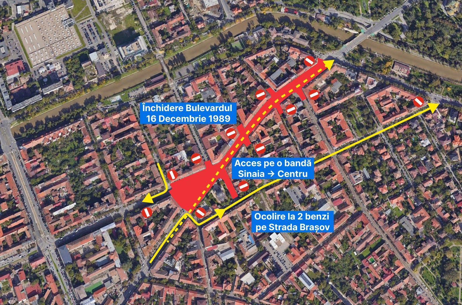 Harta accesului pe o singura banda pe sensul Sinaia - Centru