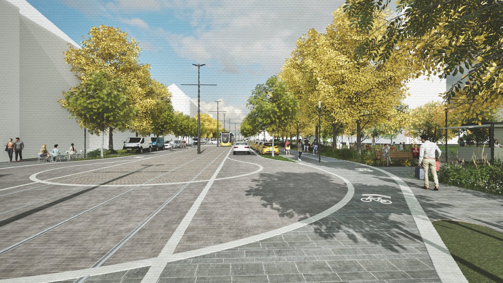 Randare a străzii Proclamația de la Timișoara reamenajate, cu tramvai, piatră naturală și arbori