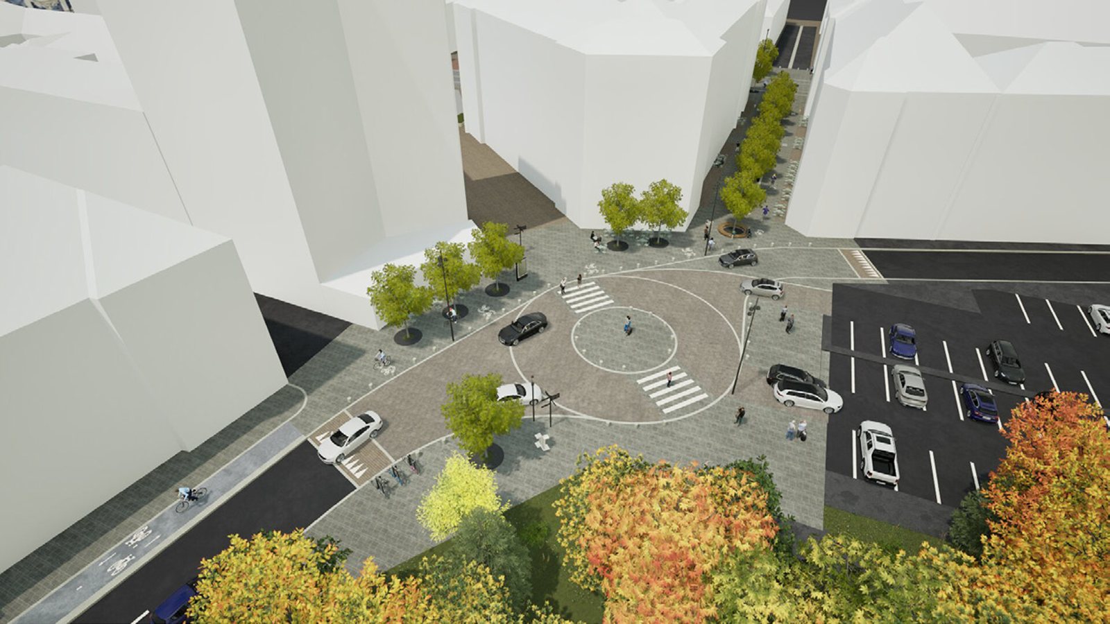 Perspectivă la nivelul străzii: linia de tramvai pe piatră, pistă de biciclete și arbori pe ambele părți