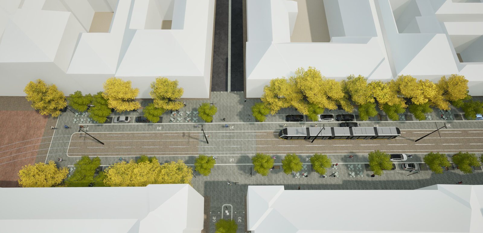 Vedere de sus a străzii cu tramvai, parcări paralele cu strada și terase între arbori
