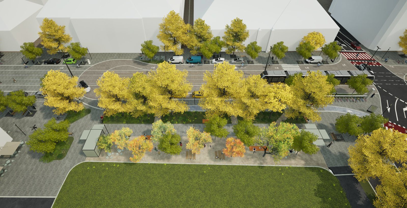 Vedere de sus a tronsonului cu parc, bănci, pergole și pistă de biciclete