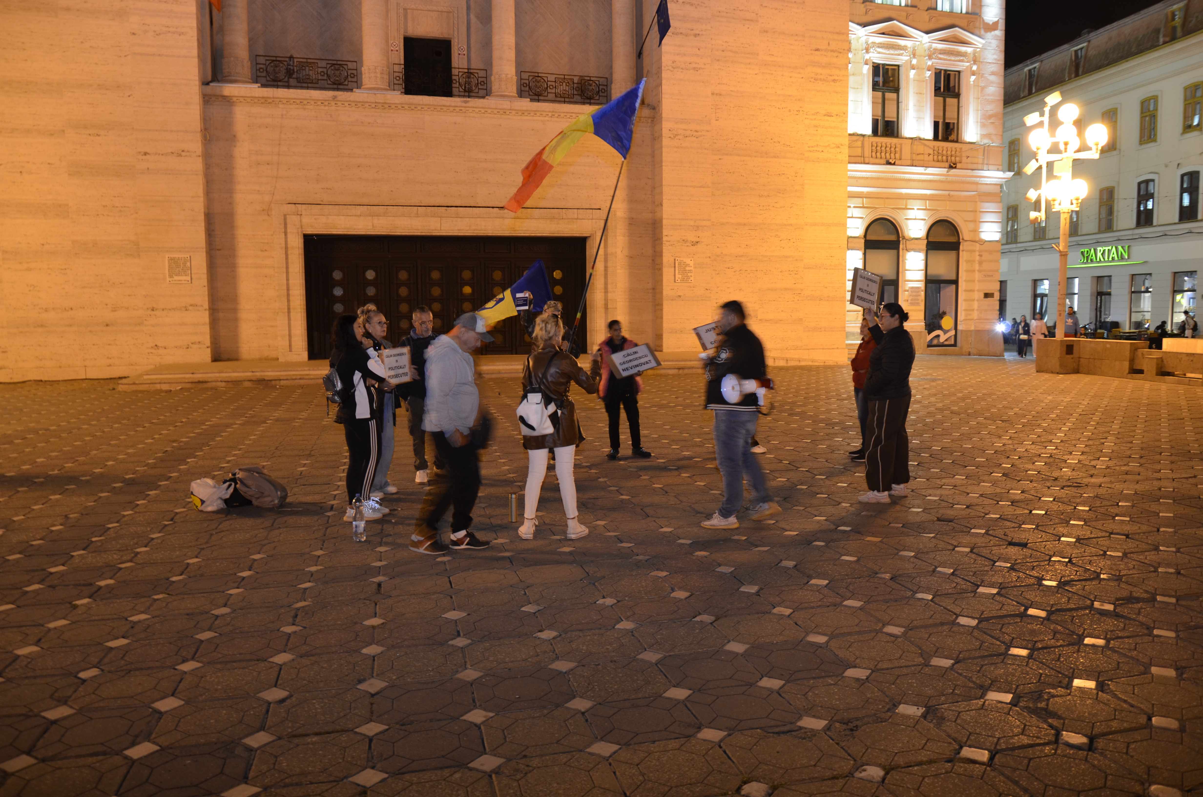 Participanți la manifestația din Piața Victoriei, Timișoara, cu cartoane și drapele tricolore
