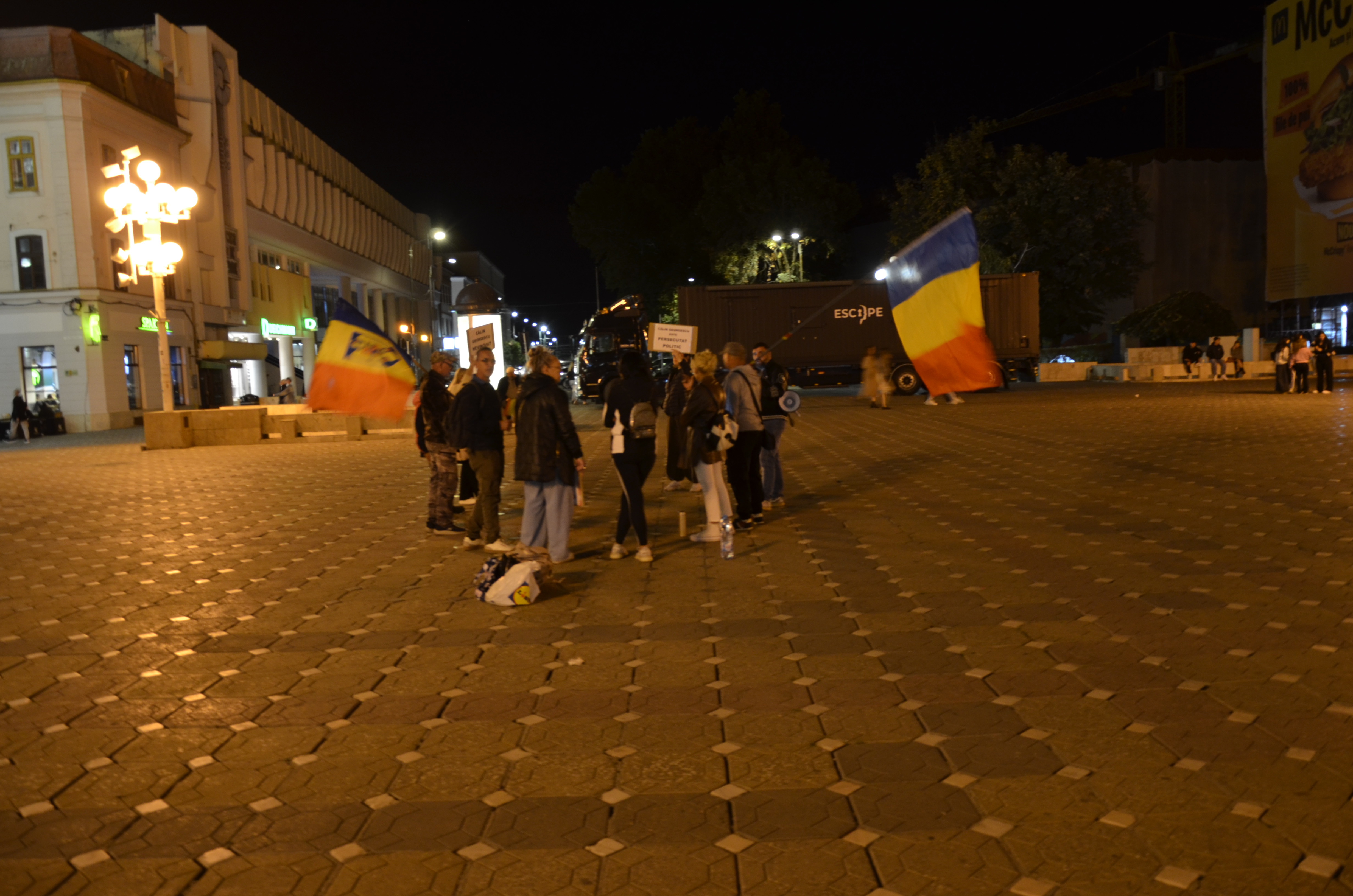 Grupul adunat în Piața Victoriei, cu drapele tricolore