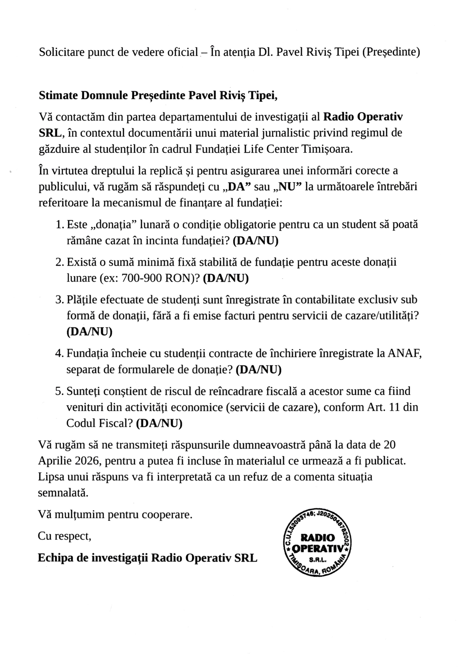 Solicitarea oficială transmisă Fundației Life Center Timișoara