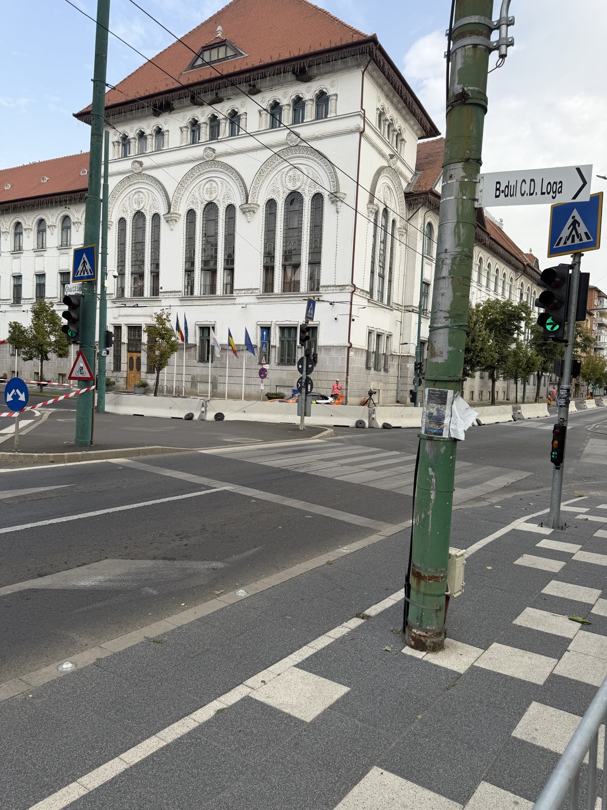 Echipă tehnică lângă mașina de curse cu numărul 15, parcată în fața Primăriei Timișoara