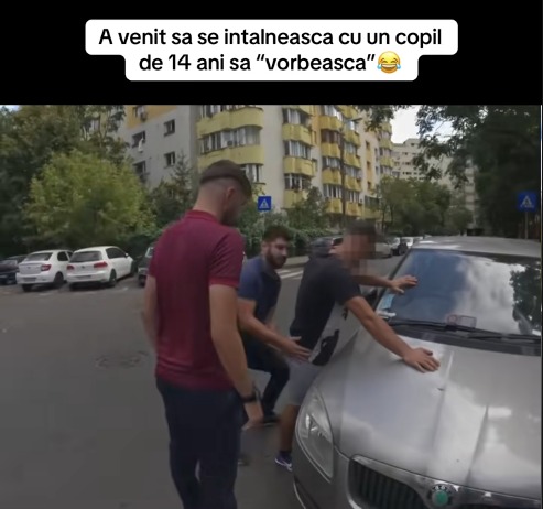 Cadru din filmarea publicată pe TikTok, cu textul suprapus care acuză persoana imobilizată