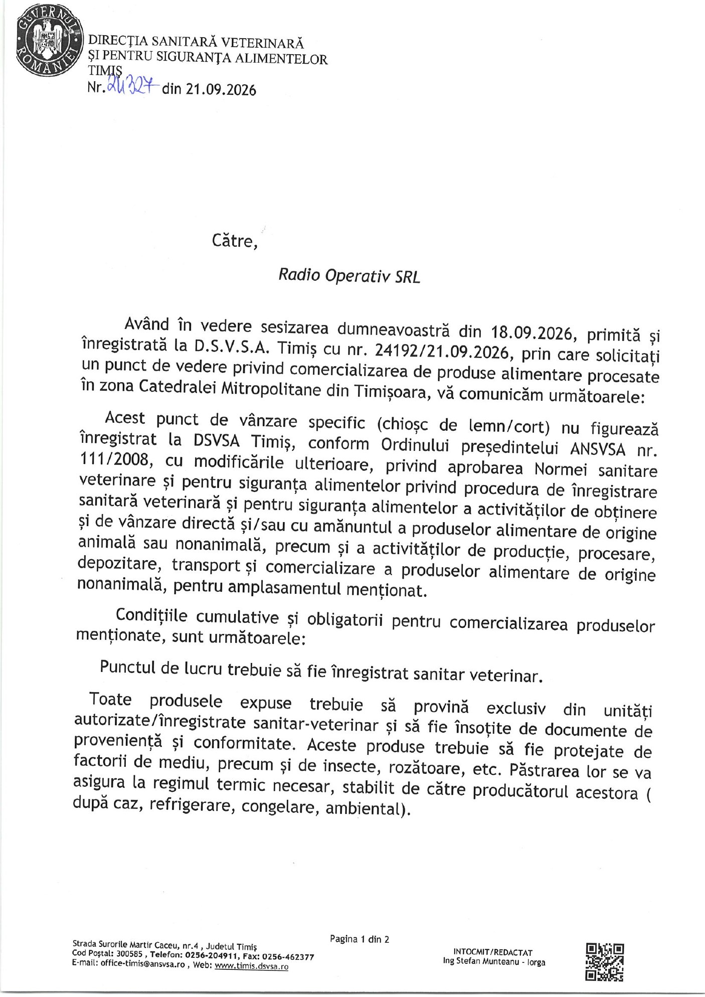 Adresa DSVSA Timiș nr. 24327 din 21.09.2026, pagina 1 din 2