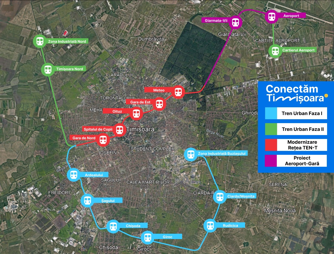 Harta „Conectăm Timișoara”: traseele trenului urban (faza I și faza II), modernizarea rețelei TEN-T și proiectul Aeroport–Gară